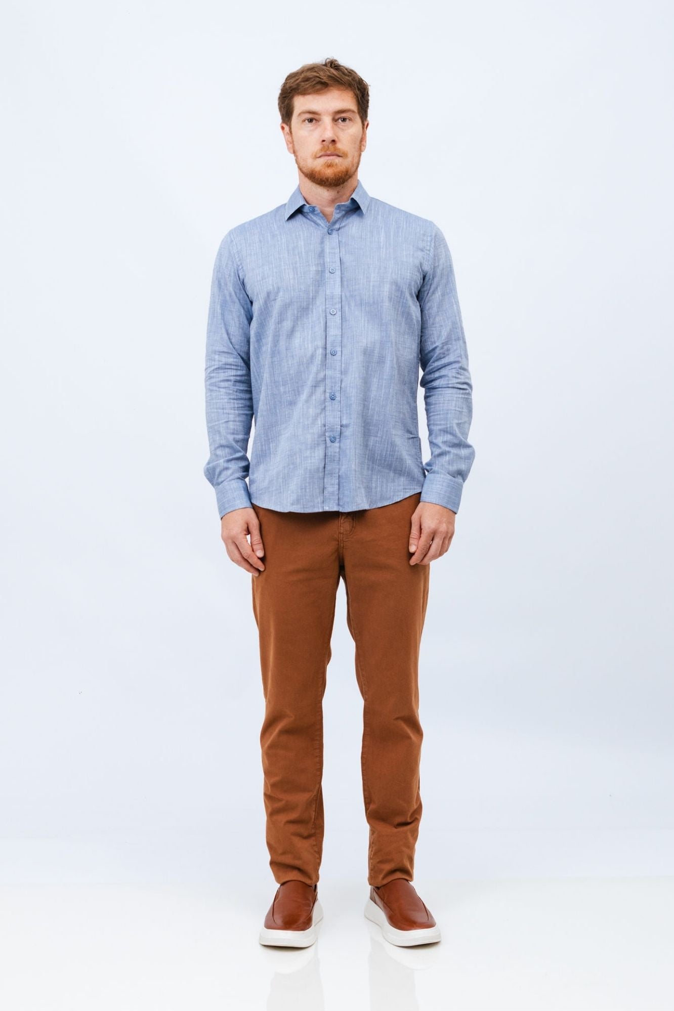 Camisa de Linho Azul Mesclado Linen Poah