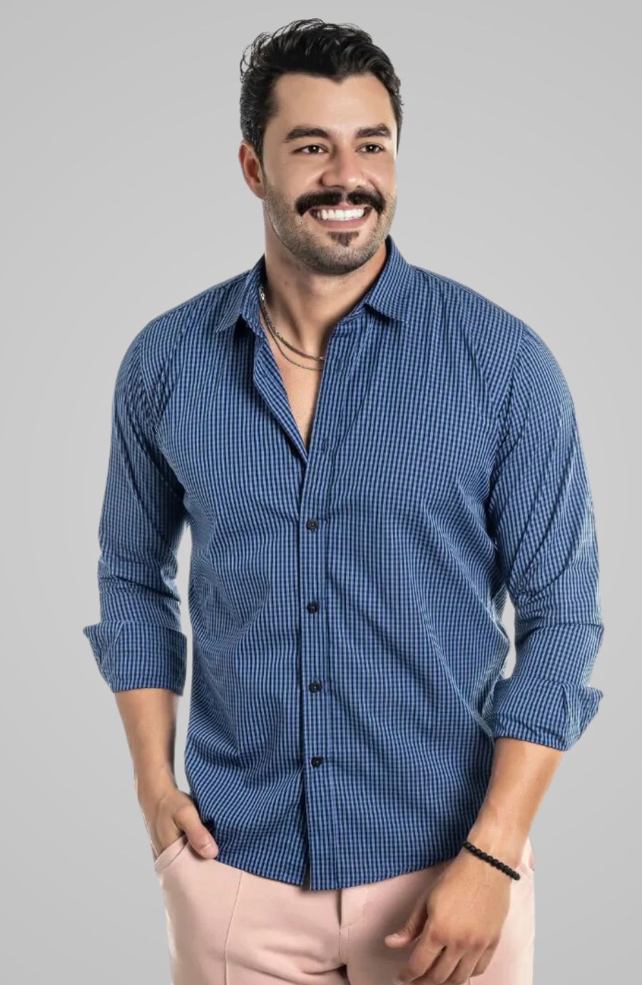 Camisa Vichy Mini Xadrez Azul Escuro